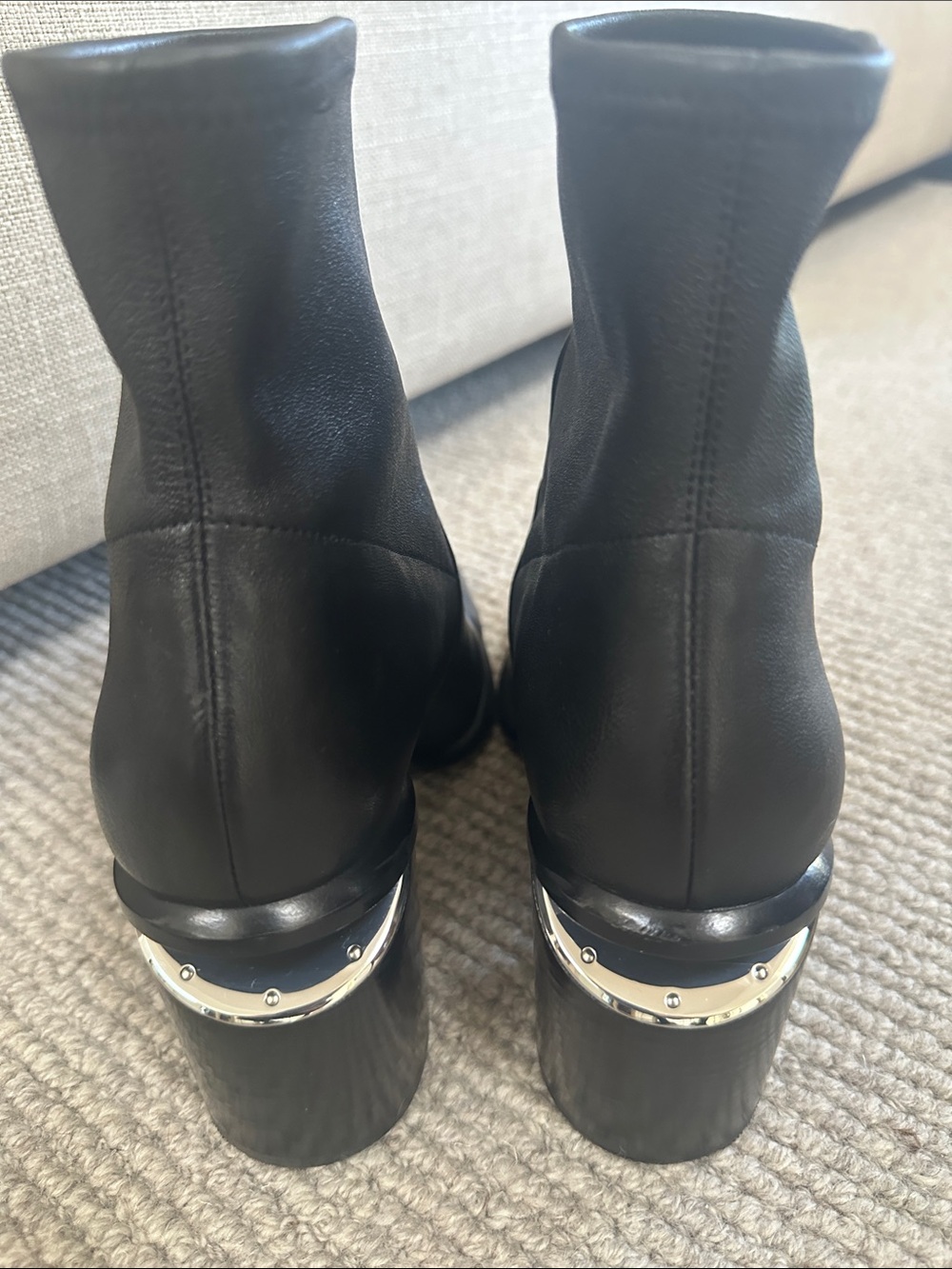 Alexander Wang Black Leather Block Heel Sock Ankle Boots with Metallic Trim